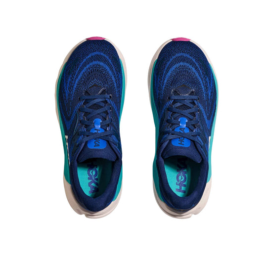 Pair of navy blue running shoes with teal midsoles and pink toe accents, viewed from above