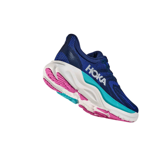 Blue running shoe with white, teal, and pink sole, shown in side view