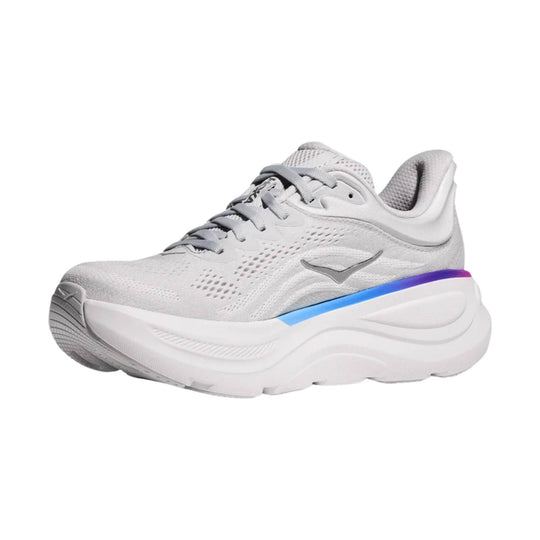 White and light gray cushioned running shoe with thick sole and blue-to-purple midsole accent
