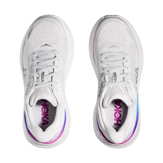 Pair of white mesh running shoes with laces and purple heel accents, top view