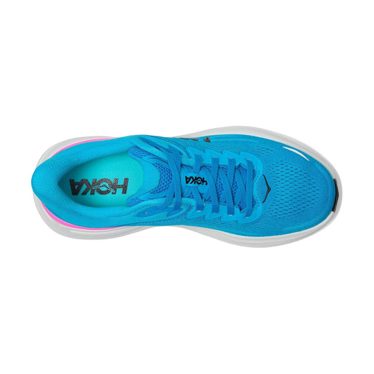 Blue running shoe with mesh upper, white sole, and pink heel accent, shown from above