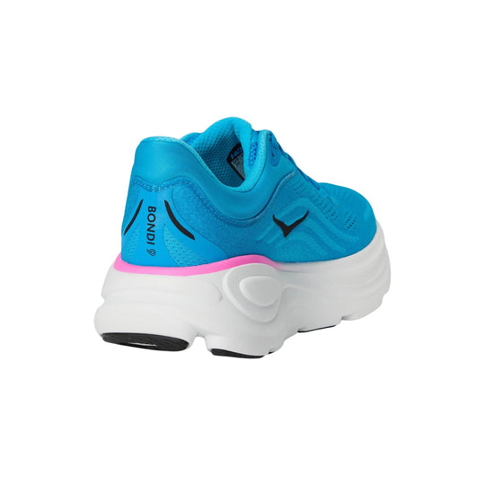 Blue running shoe with white chunky sole and pink trim, shown from the back and side