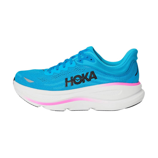 Blue HOKA running shoe with a white thick sole and pink accent stripe