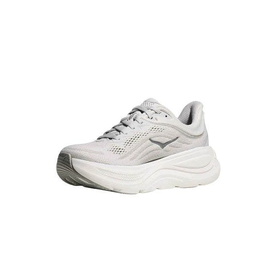 White and light gray running shoe with thick cushioned sole and gray outsole