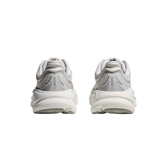 White and light gray running shoe heels with thick cushioned soles and visible BONDI 9 text