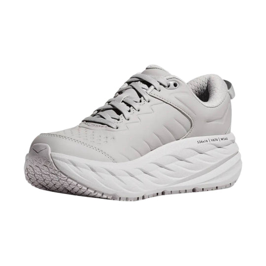 Light gray lace-up walking shoe with thick white cushioned sole, shown in side view