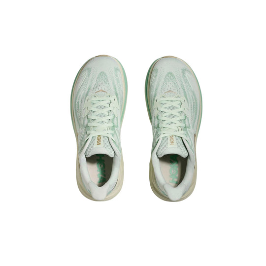 Light mint running shoes shown from above with white laces and mesh uppers