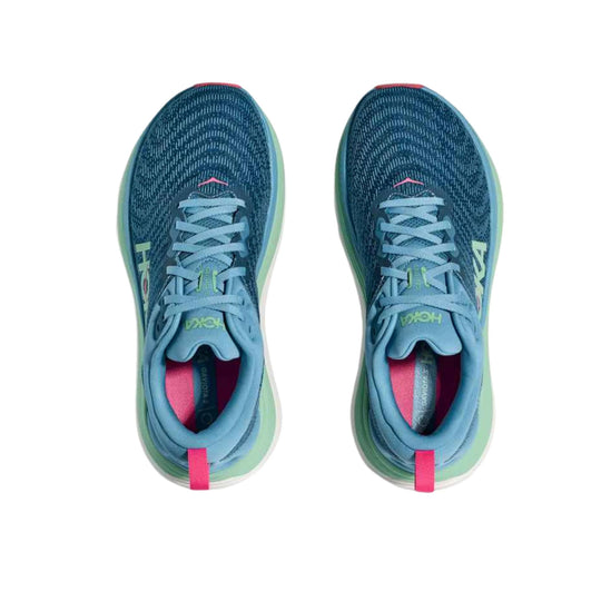 Pair of blue running shoes with knit uppers, light blue laces, and pink heel pulls