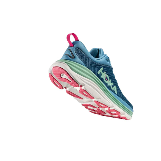 Blue and mint HOKA running shoe with pink outsole, shown from the side and bottom