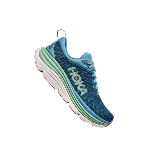 Blue running shoe with mint midsole accents and HOKA text on the side