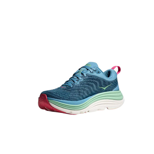 Blue and teal running shoe with a white cushioned sole and pink heel pull tab
