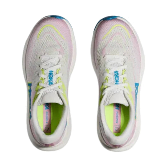 White mesh running shoes with neon yellow and blue accents, shown from above