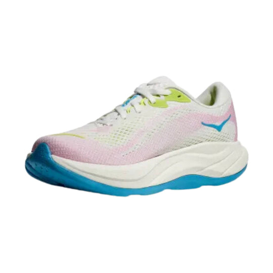 White running shoe with pink and blue accents and a thick white foam sole