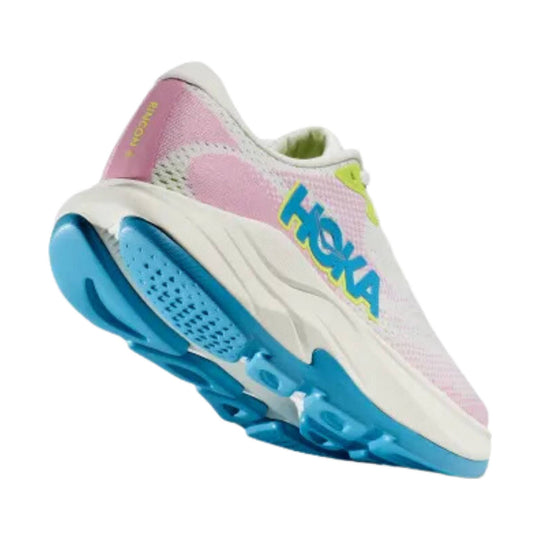 Pink and white running shoe with bright blue outsole and large side logo