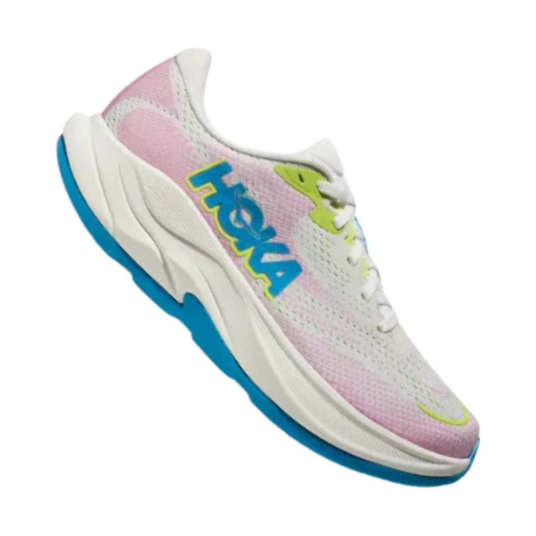 White running shoe with pink mesh upper, blue sole, and HOKA branding on the side