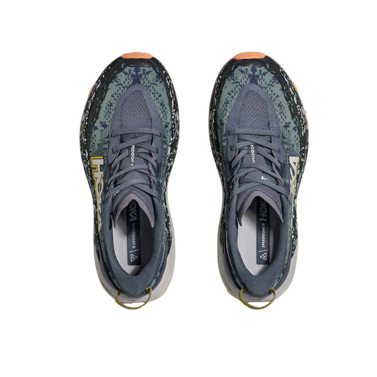 Pair of gray and green trail running shoes shown from above with black speckled side panels and orange toe accents.