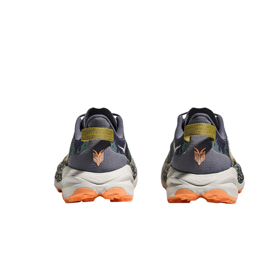 Rear view of two trail running shoes with gray uppers, yellow heel tabs, and orange outsoles