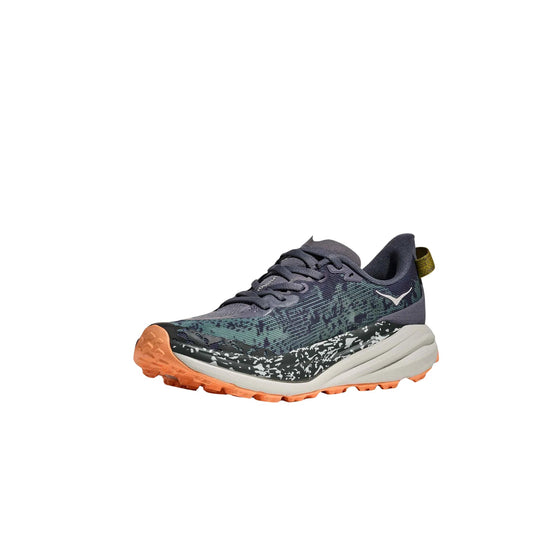 Dark gray trail running shoe with orange tread, speckled midsole, and side logo