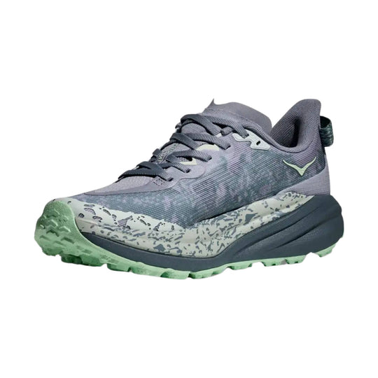 Gray trail running shoe with mint green tread and speckled midsole, shown in side view