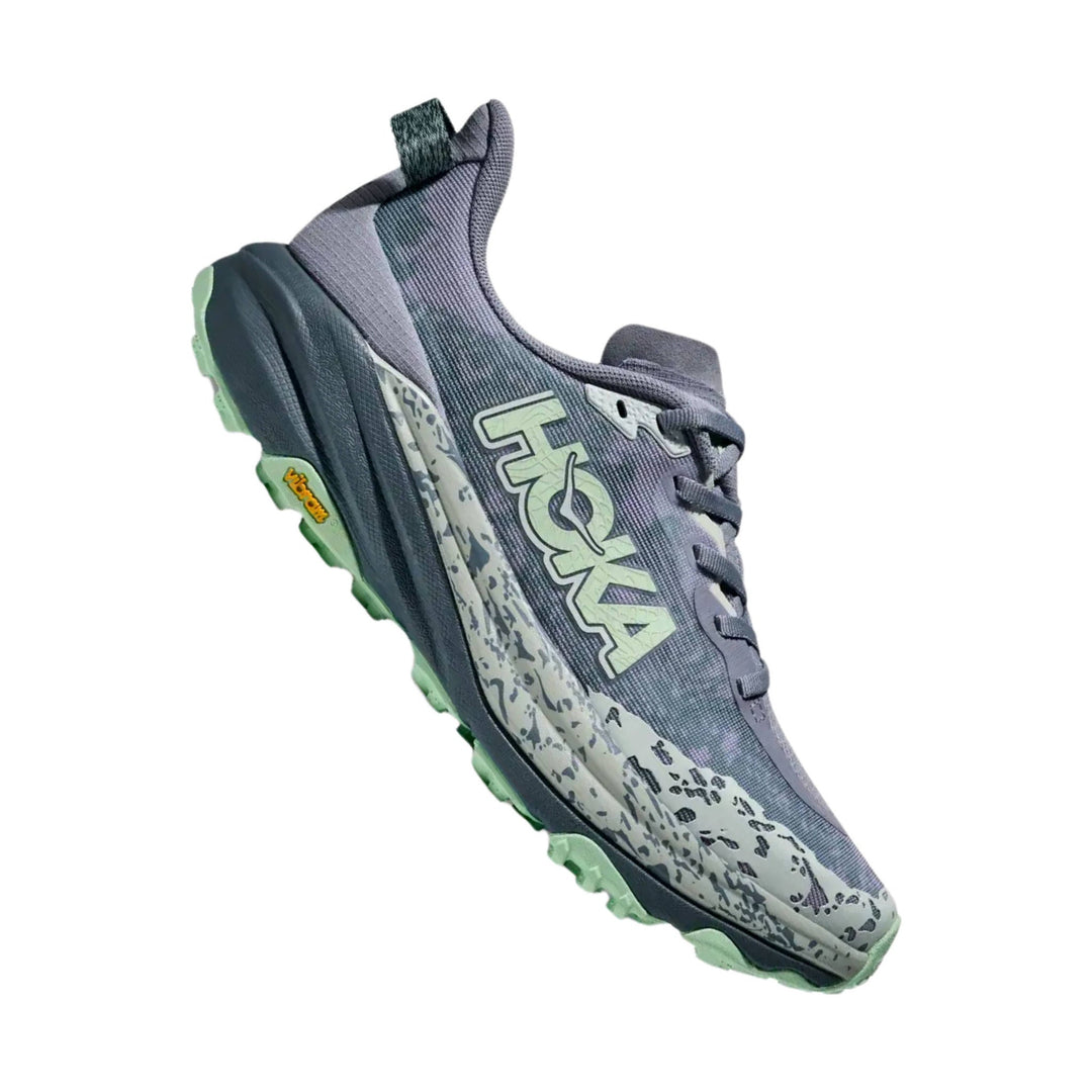 Gray trail running shoe with mint green outsole and side logo, shown in profile