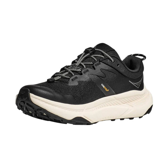 Black trail shoe with bungee laces, thick white midsole, and CORDURA side label