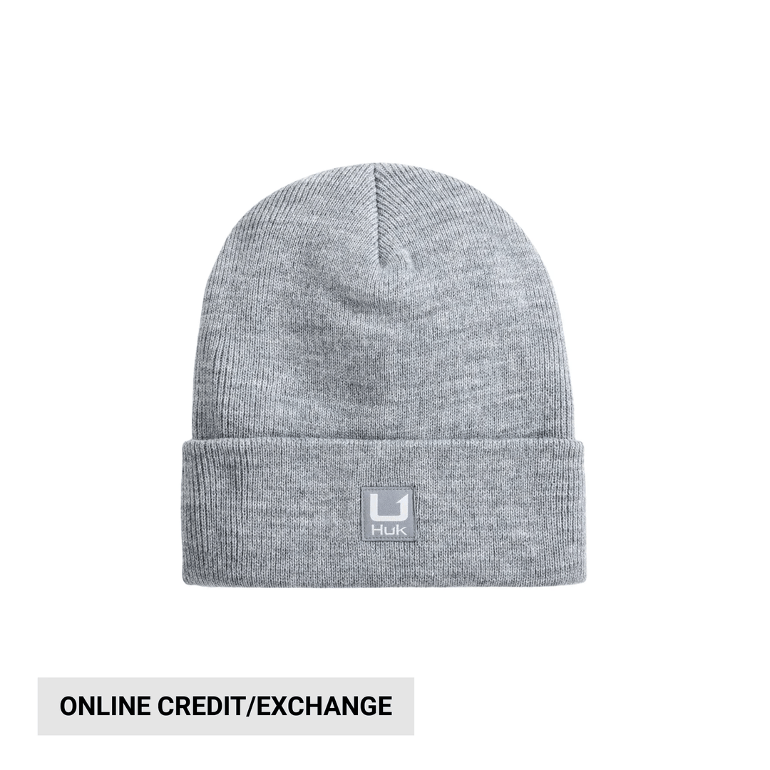 Light gray knit beanie with folded cuff and Huk patch; banner reads online credit/exchange