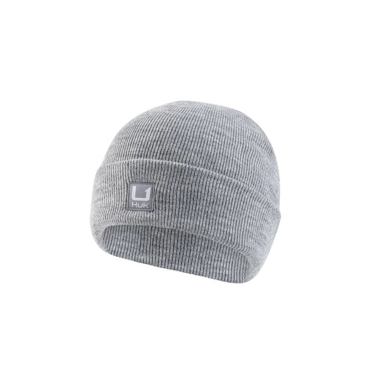 Gray ribbed knit beanie with a square Huk patch