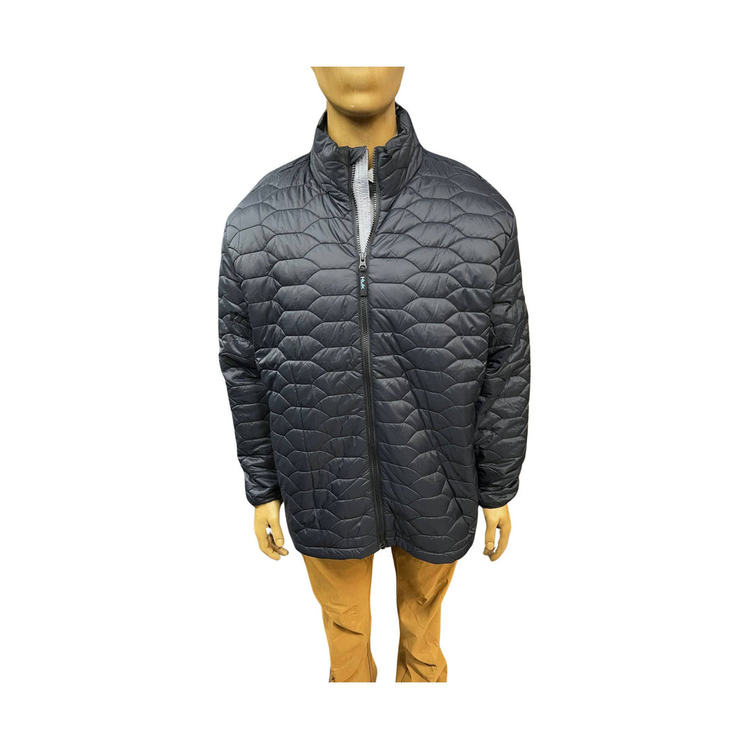 Black quilted zip-front puffer jacket with stand collar and long sleeves on a mannequin