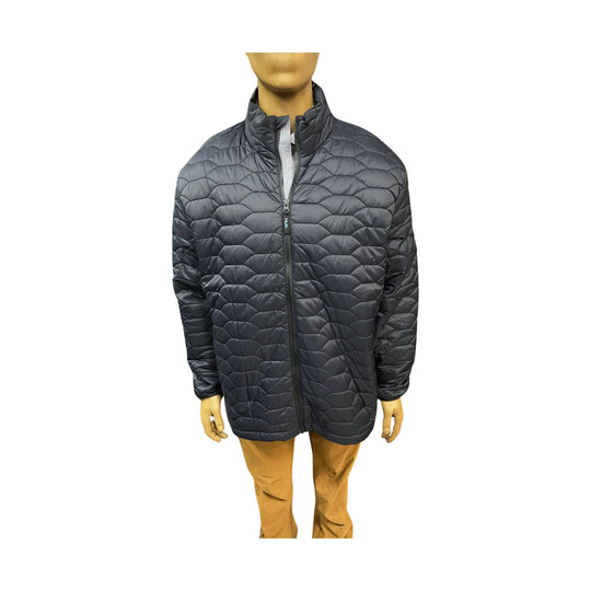 Black quilted zip-front puffer jacket with stand collar and long sleeves on a mannequin