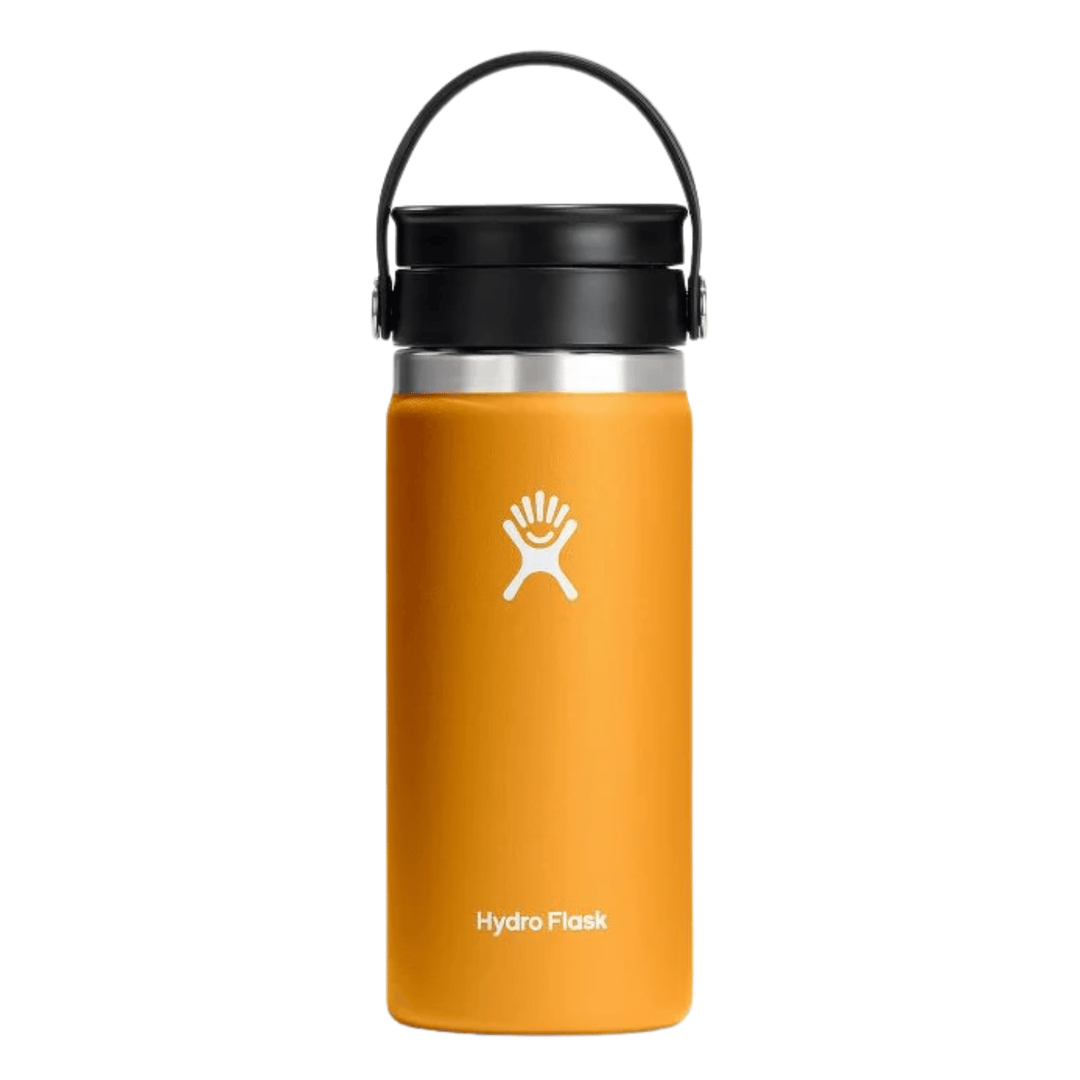 Orange insulated water bottle with black handle lid and white logo