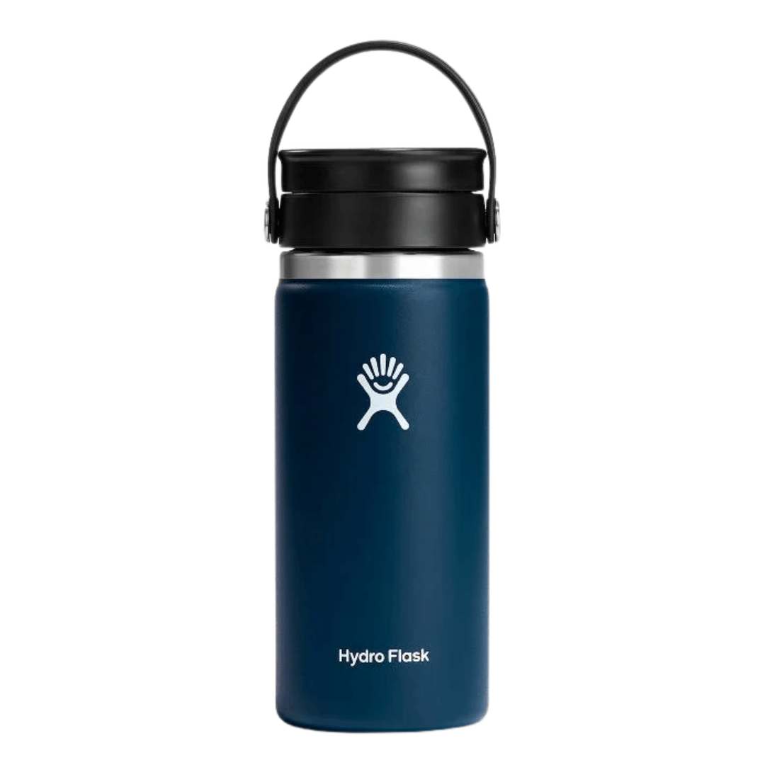 Blue insulated water bottle with black handle lid and Hydro Flask logo
