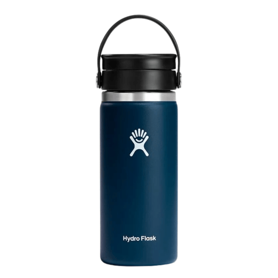 Blue insulated water bottle with black handle lid and Hydro Flask logo