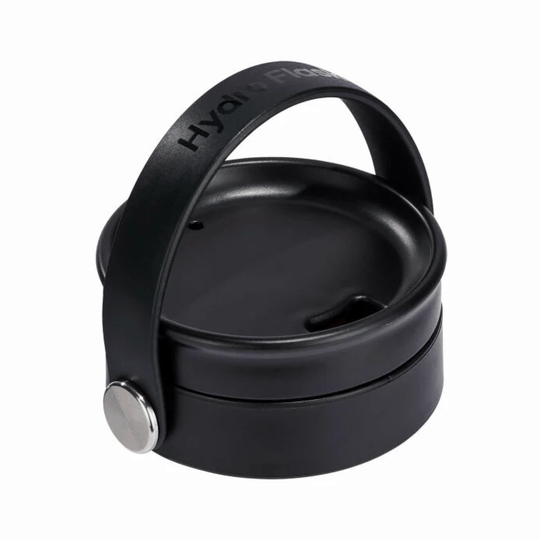 Black insulated drink lid with arched handle and silver pivot button