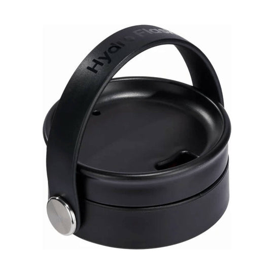 Black insulated cup lid with built-in carry handle and silver button detail