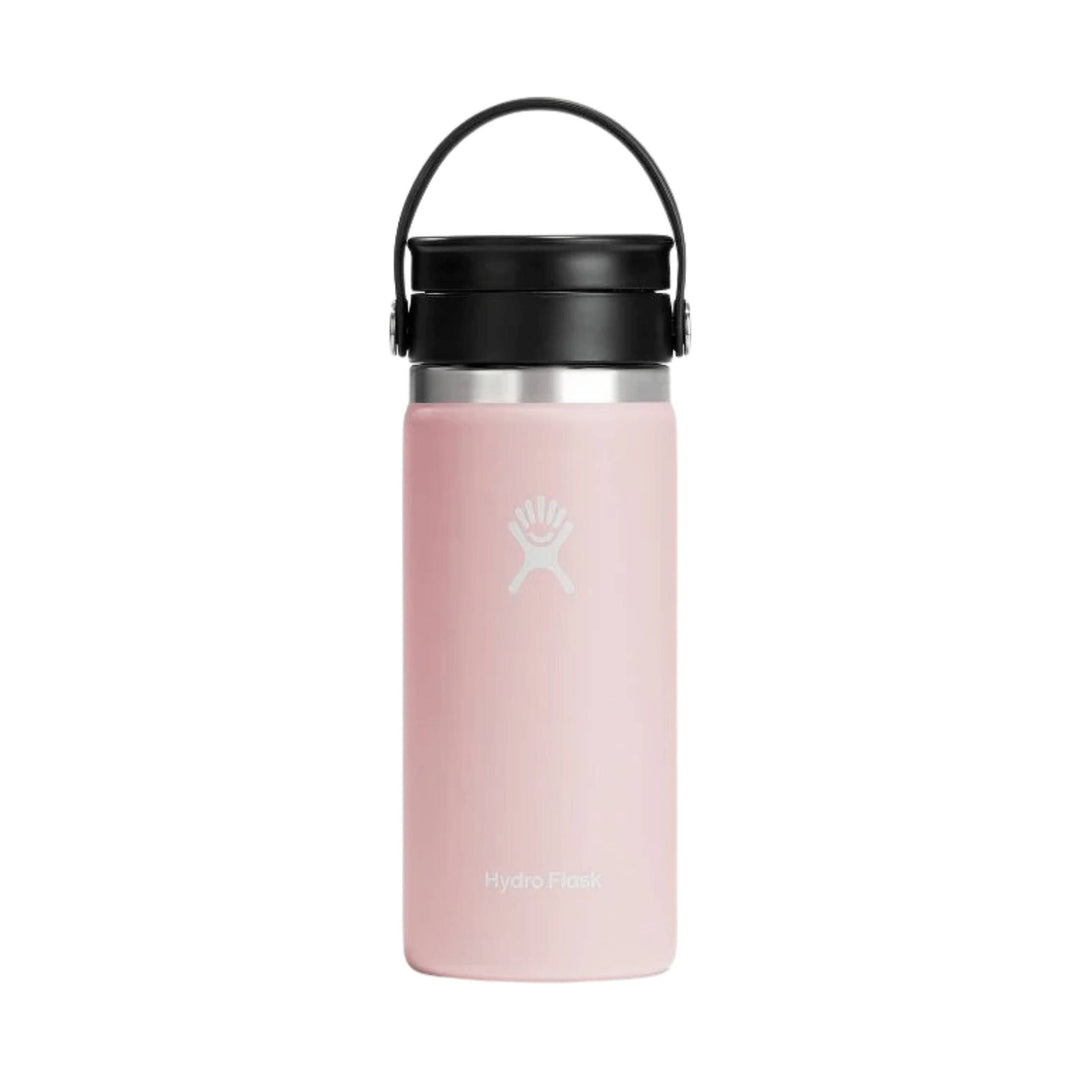 Pink insulated water bottle with black sip lid and carrying handle