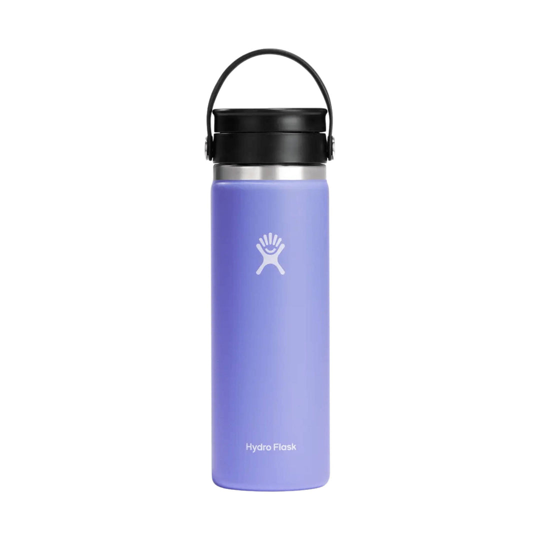 Purple insulated water bottle with black lid and carry handle