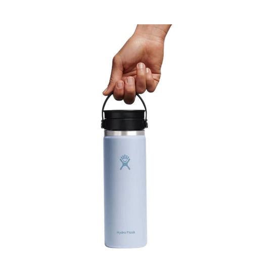 Light blue insulated water bottle with black carry handle and lid