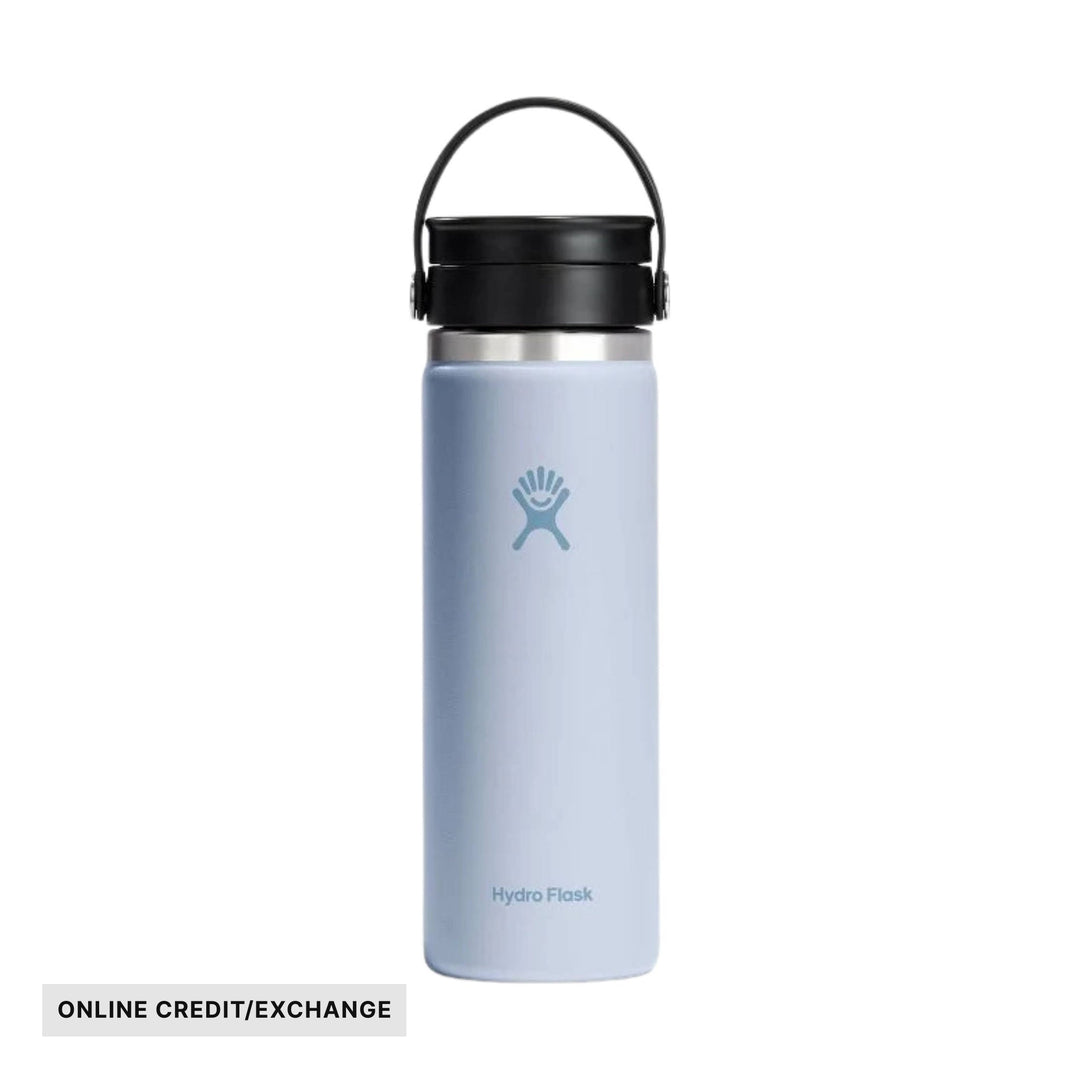 Light blue insulated bottle with black flip-top lid and carry loop; ONLINE CREDIT/EXCHANGE label
