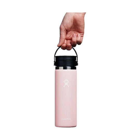 Pink insulated water bottle with black carry handle and cap