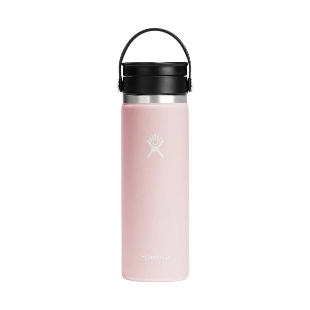 Pink insulated water bottle with a black carry handle and lid