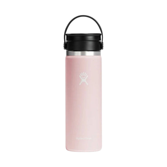 Pink insulated water bottle with a black carry handle and lid