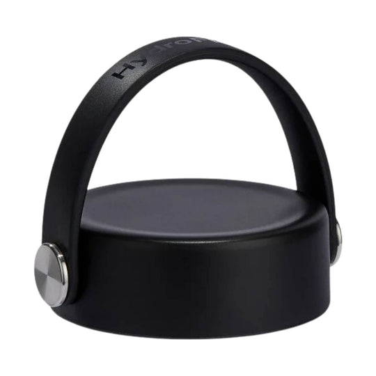 Black handled tumbler with a round lid and metal side hinge, shown on a white background