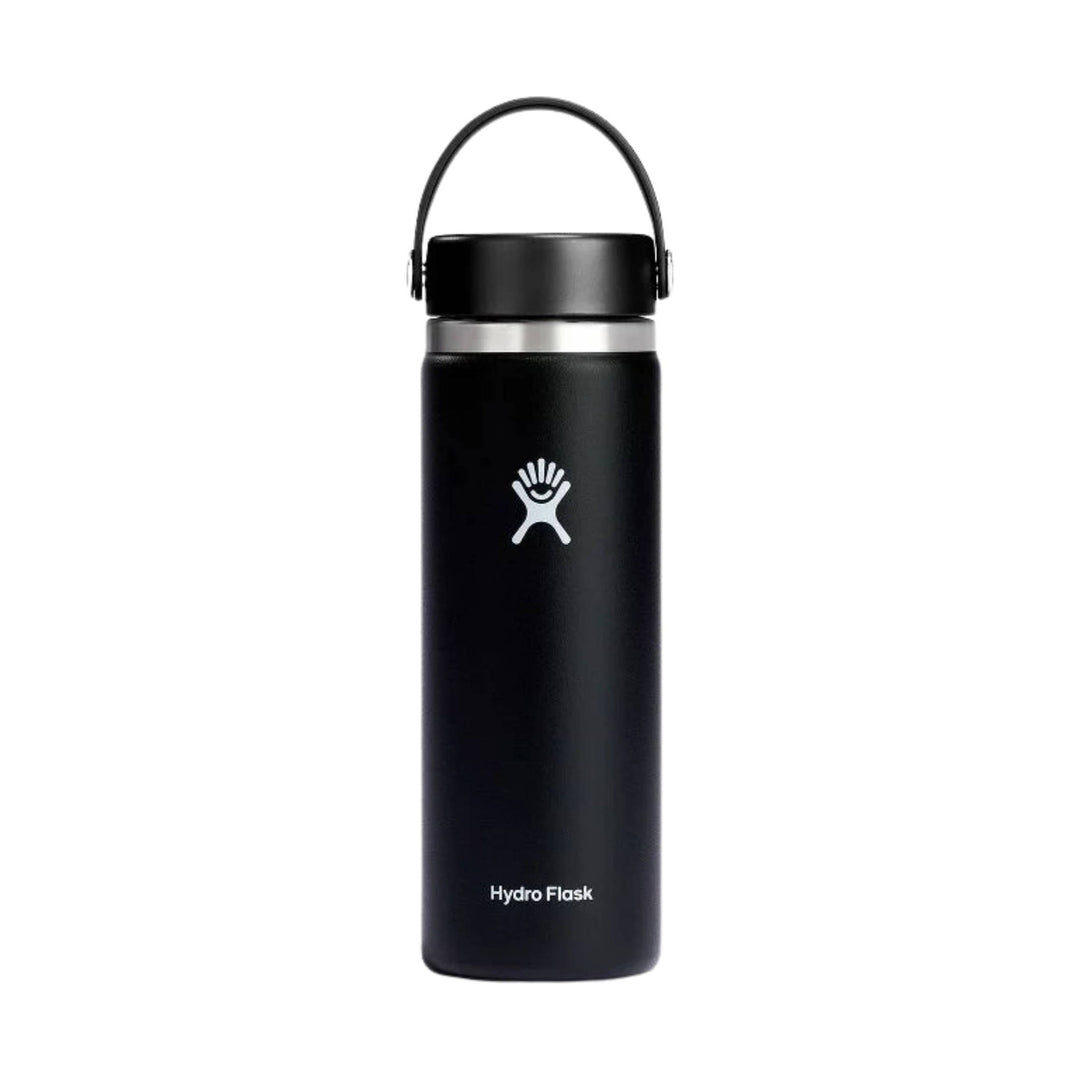 Black insulated water bottle with a carry loop, silver band, and logo on the front