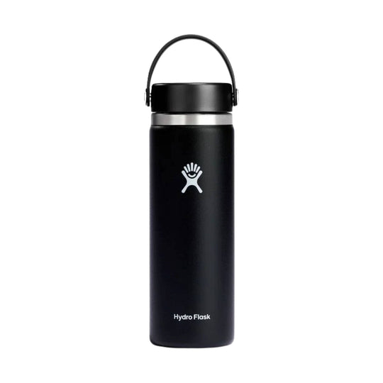 Black insulated water bottle with a carry loop, silver band, and logo on the front
