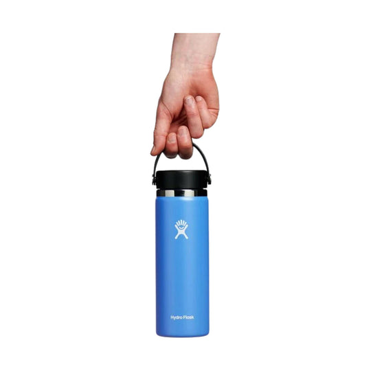 Blue insulated water bottle with black lid and carry handle, showing a Hydro Flask logo.