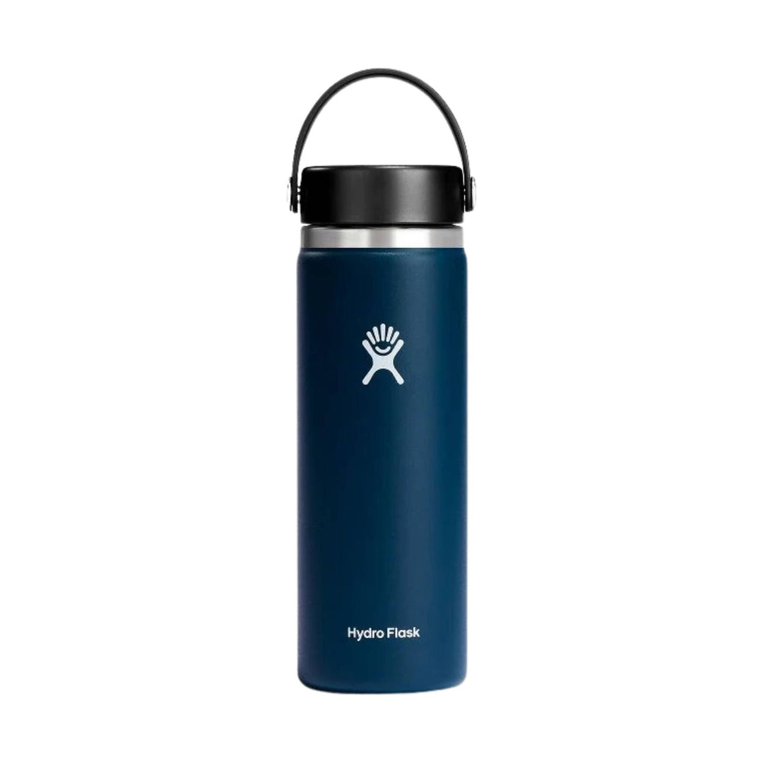 Blue insulated water bottle with black carry lid and handle