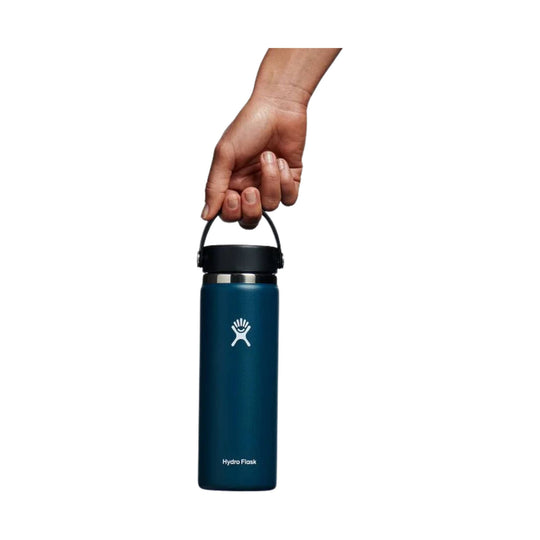 Blue insulated water bottle with black lid and carry handle, showing Hydro Flask logo