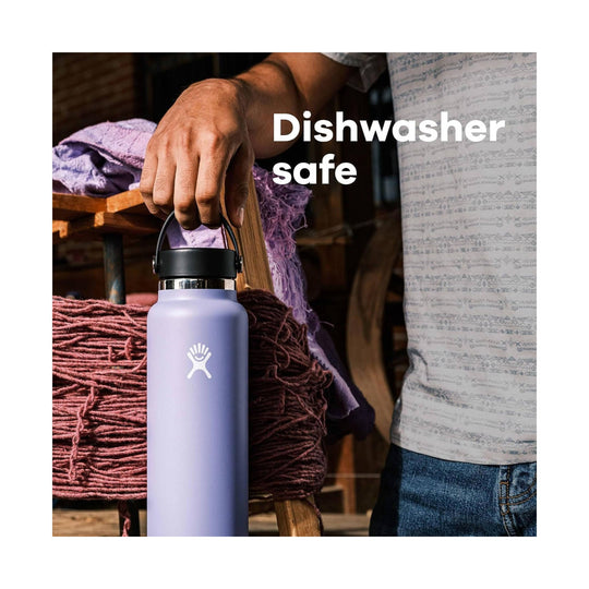 Lavender insulated water bottle with black lid and carry loop