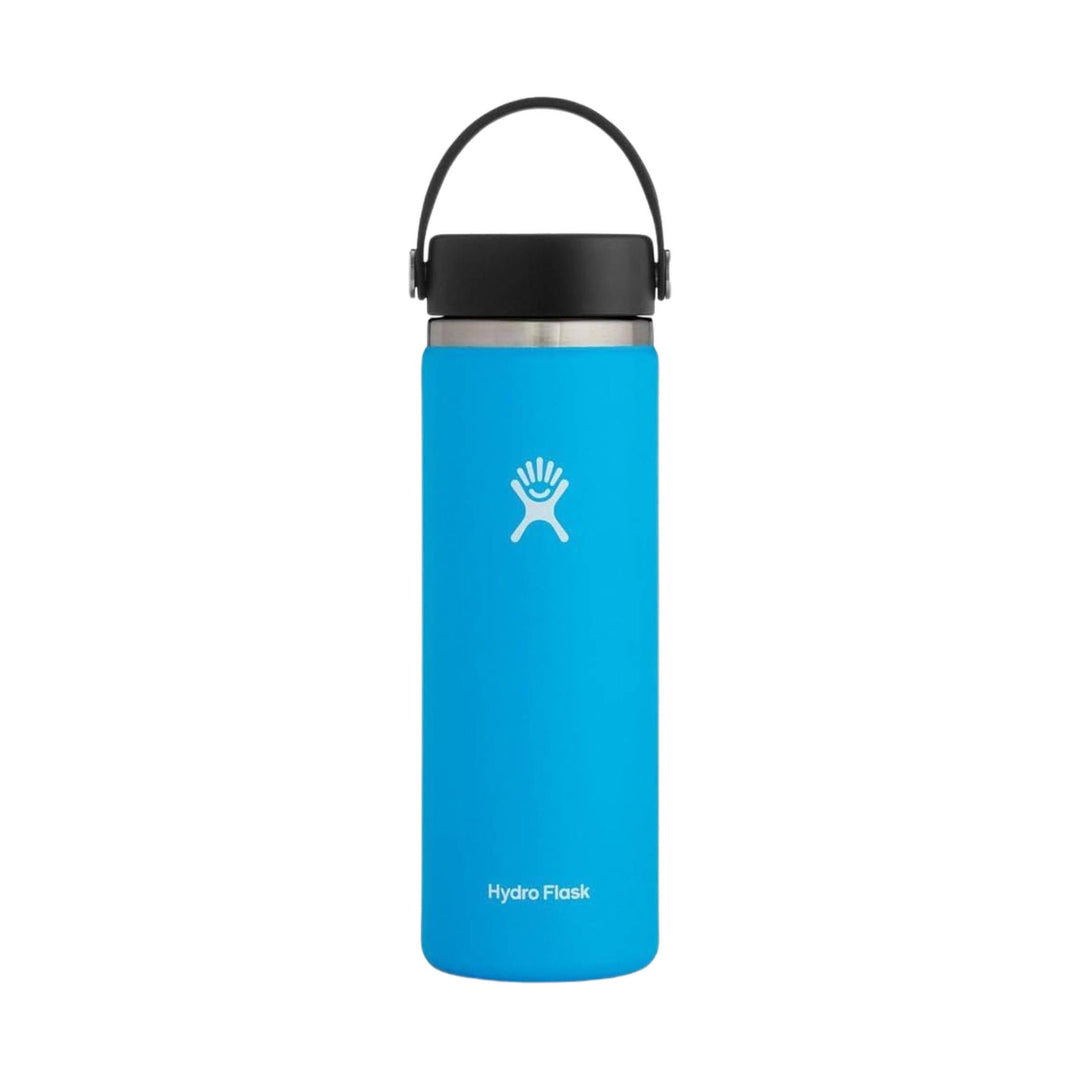 Blue stainless steel water bottle with black handle lid and Hydro Flask logo
