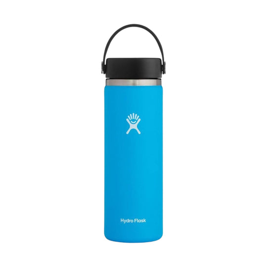 Blue stainless steel water bottle with black handle lid and Hydro Flask logo